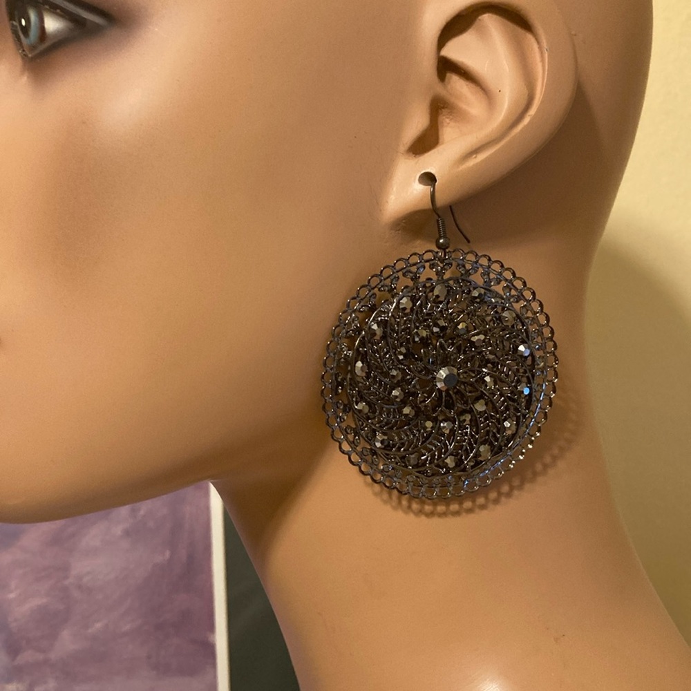 Fabulous large ornate gray filigree layered with black rhinestones earrings